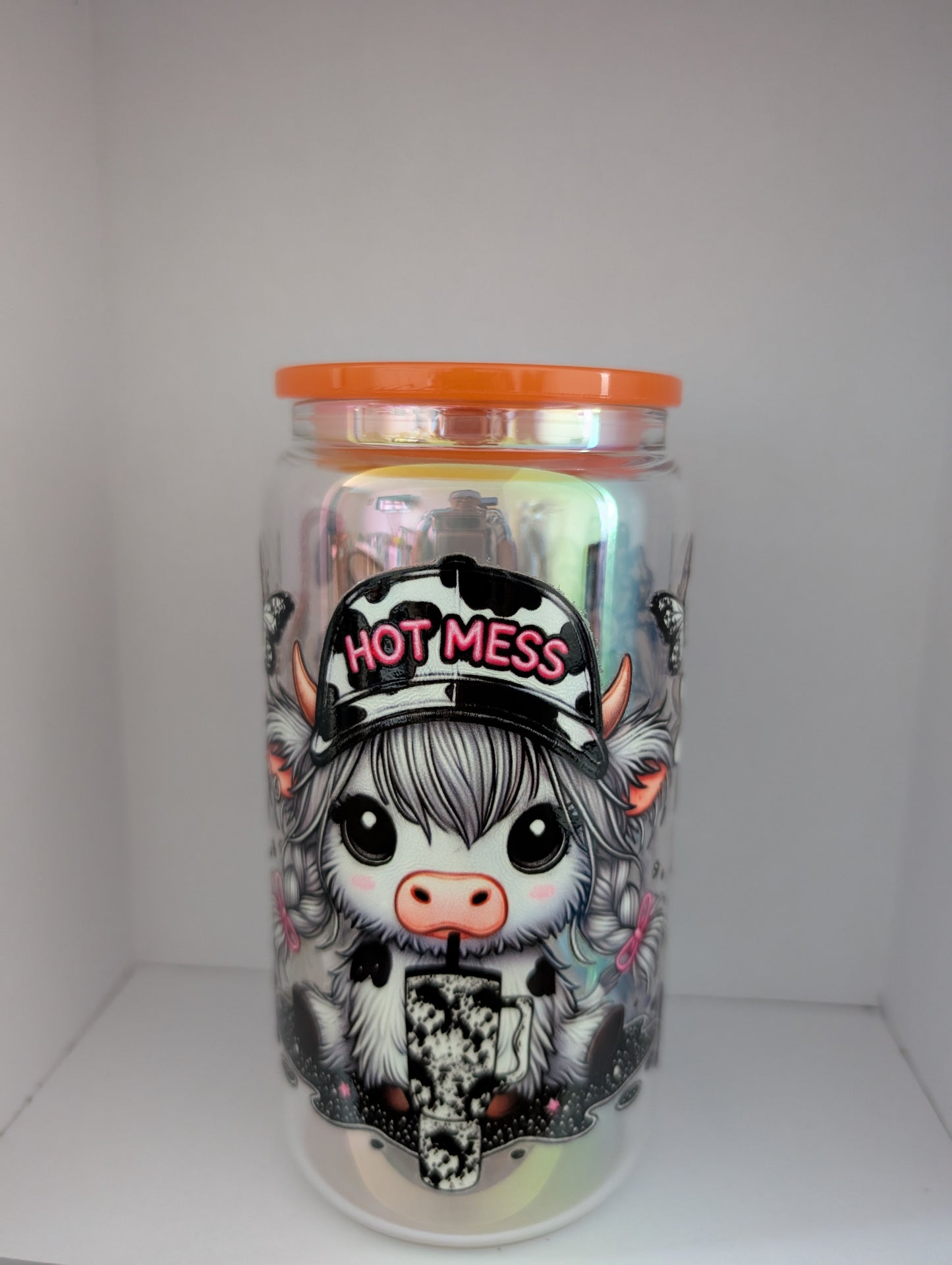 16 oz Holographic Glass tumbler, Highland cow