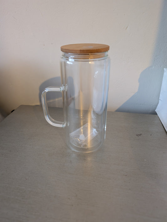 16 oz Glass handle Snow globe with bamboo lid