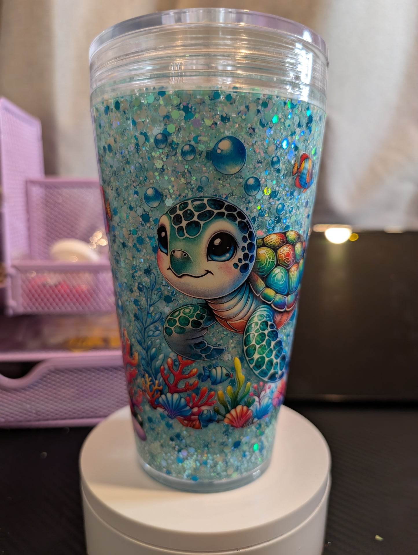 16 oz Acrylic Turtle Tumbler in blue glitter, Ready to ship