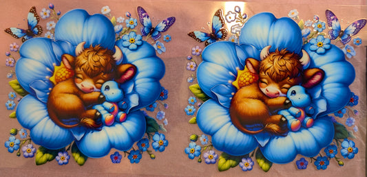 B002-B Highland Cow Blue Flower