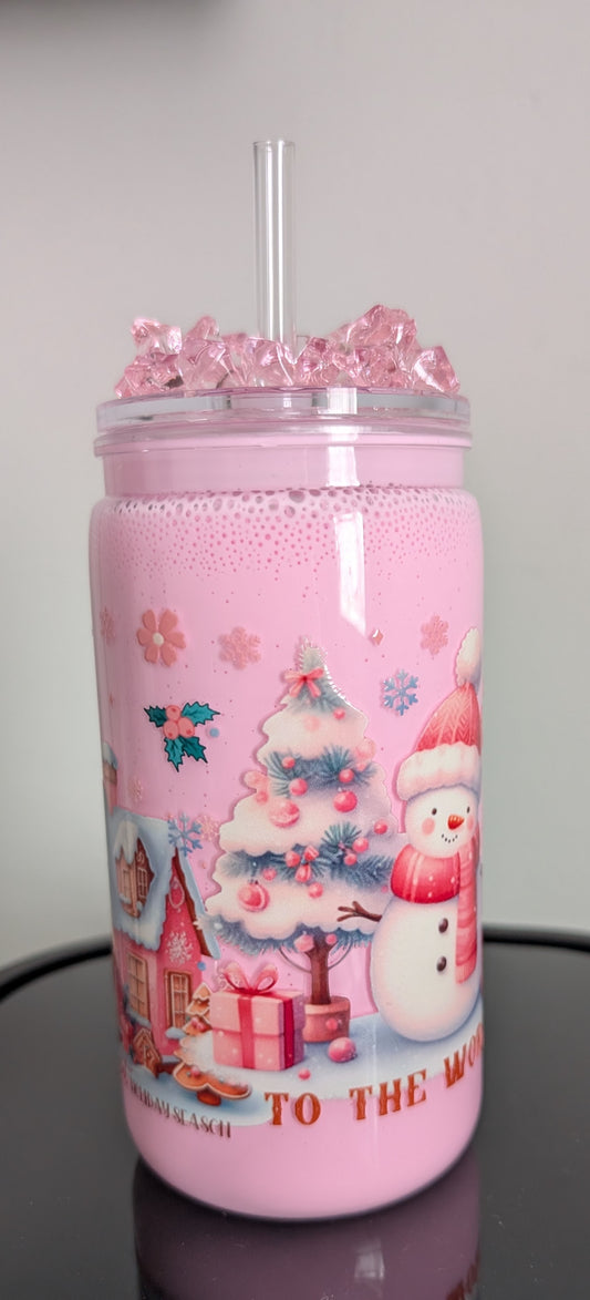 16 oz Acrylic Christmas pink milkshake with ice lid - Ready to ship