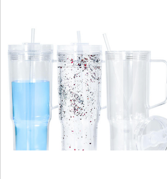 Plastic 40 oz Slow globe tumbler with handle and Straw.